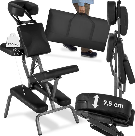 tectake® Opvouwbare Massagestoel - Tattoostoel - Ergonomische Kruk zonder Armleuning - Mobiele Draagbare Behandelstoel - Inclusief Draagtas voor Accessoires - Zwart