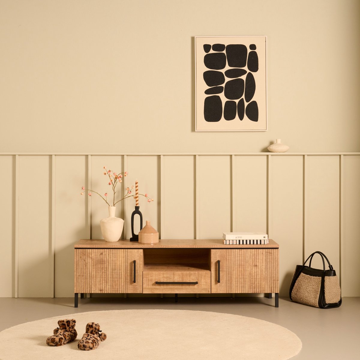 Woonexpress TV-meubel Culemborg - Houtlook/Metaal - Mango/Zwart - 163x50x45 cm (BxHxD) - Krasvast - Softclose Hout - Mango/Hout - Naturel