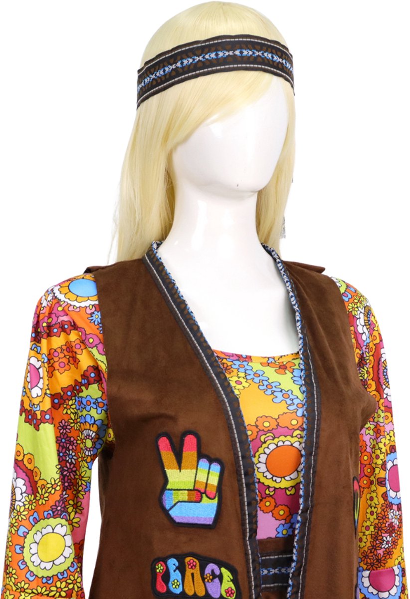 Joya Party® Hippie Jurk Dames met Vest & Hoofdband | Jaren 60 & 70 Flower Power Set | Stretch Lange Jurk | Verkleedkostuum Vrouw | Carnaval, Themafeest & Halloween | — afbeelding 12