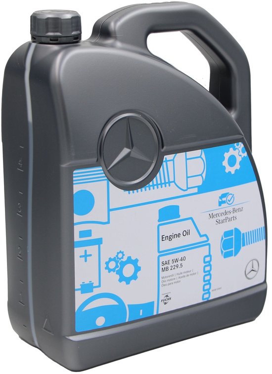 Grijze jerrycan motorolie van Mercedes-Benz. SAE 5W-40 MB 229.5. Met blauwe en witte opdruk.