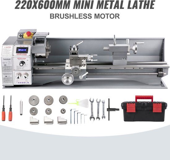 220x600mm mini metalen draaibank met gereedschapskist, diverse gereedschappen, tandwielen en klauwen.
