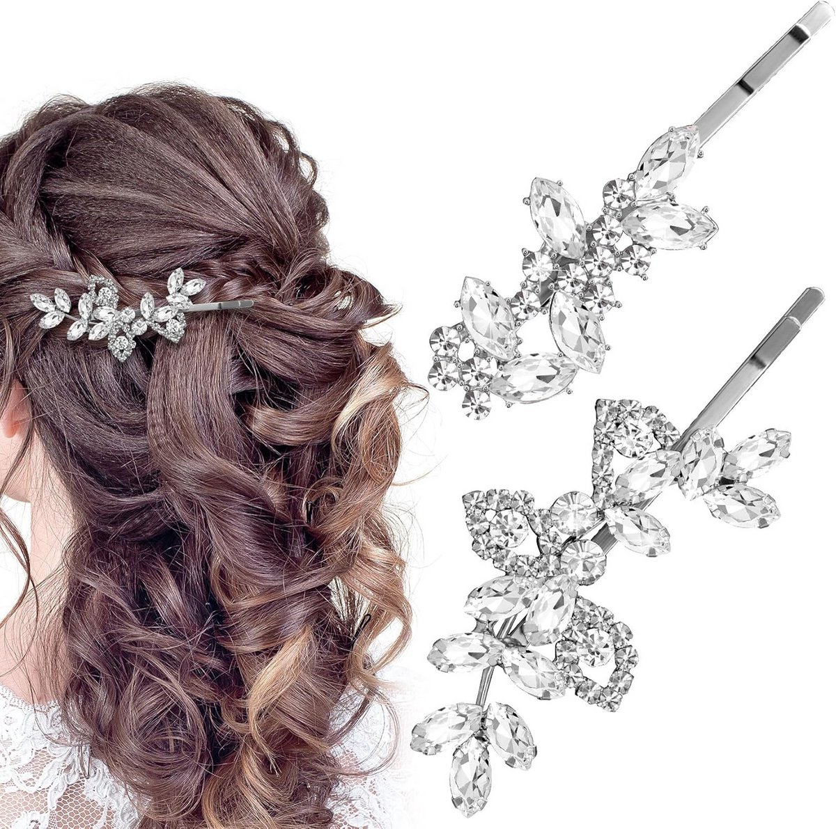 4x Bruiloft Haarclips Strass Kristal Blad Zilver - Bruids Haaraccessoires