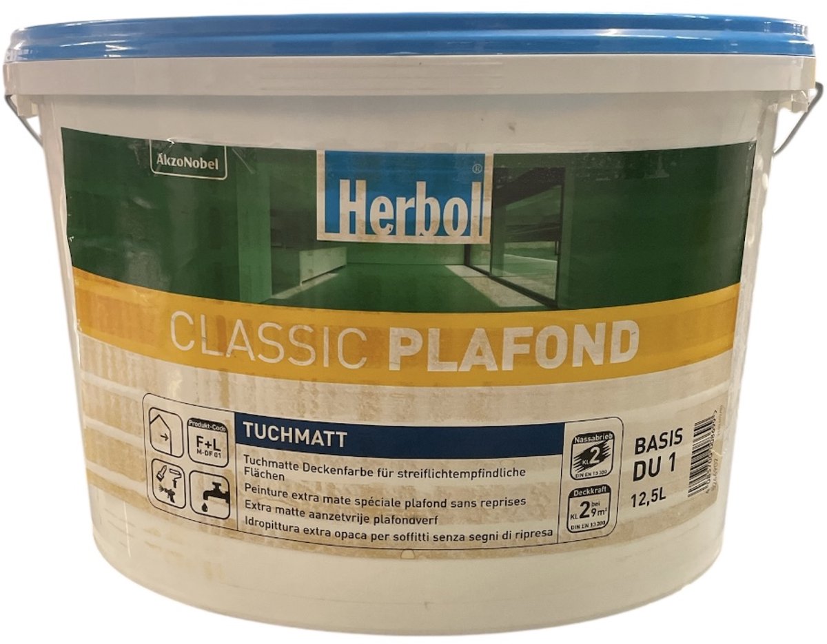 Herbol Classic Plafond - Extra matte plafondverf voor binnen op waterbasis - 12.50 L - RAL 9010 Pure White ( gebrokenwit)