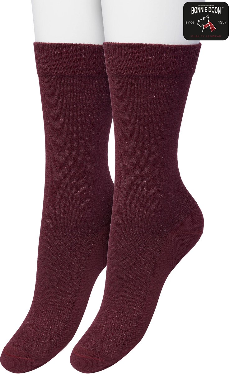 Bonnie Doon Set Katoenen Glitter Sokken Dames Donker Rood maat 36/42 - Set met 2 paar Sokken - Glitter Subtiel - Katoen met zachte Lurex - Zachte Sokken - Gladde Naden - Perfecte Pasform - 2 pack - Multipack - Rhododendron Donker Rood - OL05113802.16