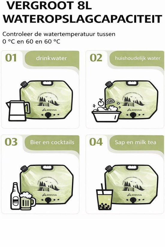 Waterzak draagbaar met kraan - 8 Liter - Opvouwbaar - Water opbergtas - Waterreservoir - Watercontainer - Kamperen - Camping - Tent - Caravan - Noodpakket - Noodsituatie - Water opslag - Jerrycan - Duurzaam - Reizen - Lichtgewicht - Nood van Merkloos — afbeelding 3