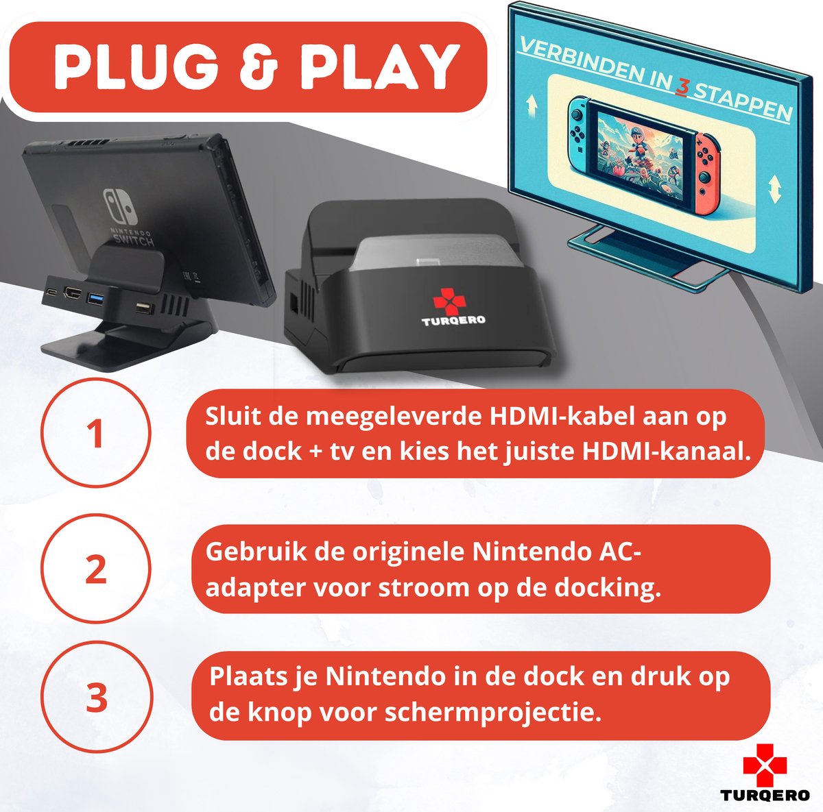Turqero TV Docking Station Set voor Nintendo Switch & OLED - 4K UHD thumbnail 3