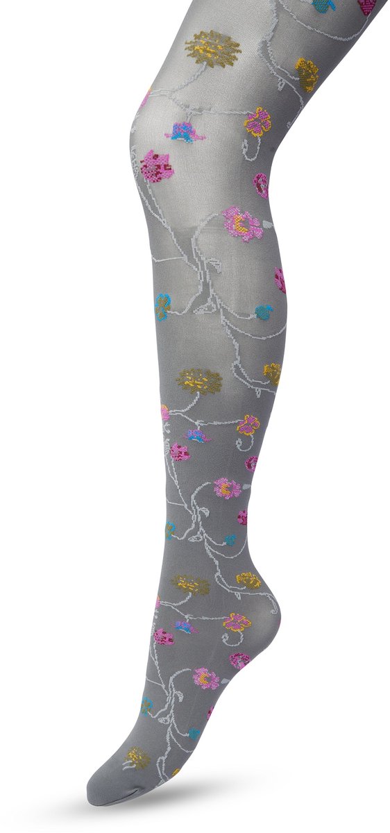 Bonnie Doon Bloemen Panty 80 Denier Grijs Dames maat L/XL - Bloemen Print - Gladde Naden - Maximaal Draagcomfort - Floral Tights - Chique Panty - Feestelijk - Gebloemd - Kleurrijk - Bloemenprint - Castlerock - BP221906.169