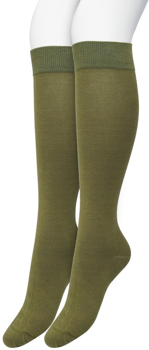 Bonnie Doon Dames Kniekousen Olijf Groen maat 35/38 - 2 paar - Knie Kousen - 2-pack - Multipack - Uitstekend draagcomfort - Cotton Knee High - Zakt niet af - Effen - OEKO-TEX - Donkergroen - Olijfgroen - Olive - OL834302.205