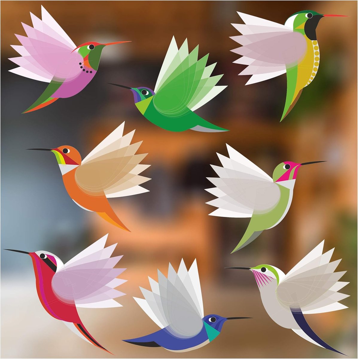 Candala Raamstickers – 8 leuke decoratieve elektrostatische stickers met exotisch kolibrie-motief – voorkomen dat vogels in je ramen komen – 8 grote exotische kolibries