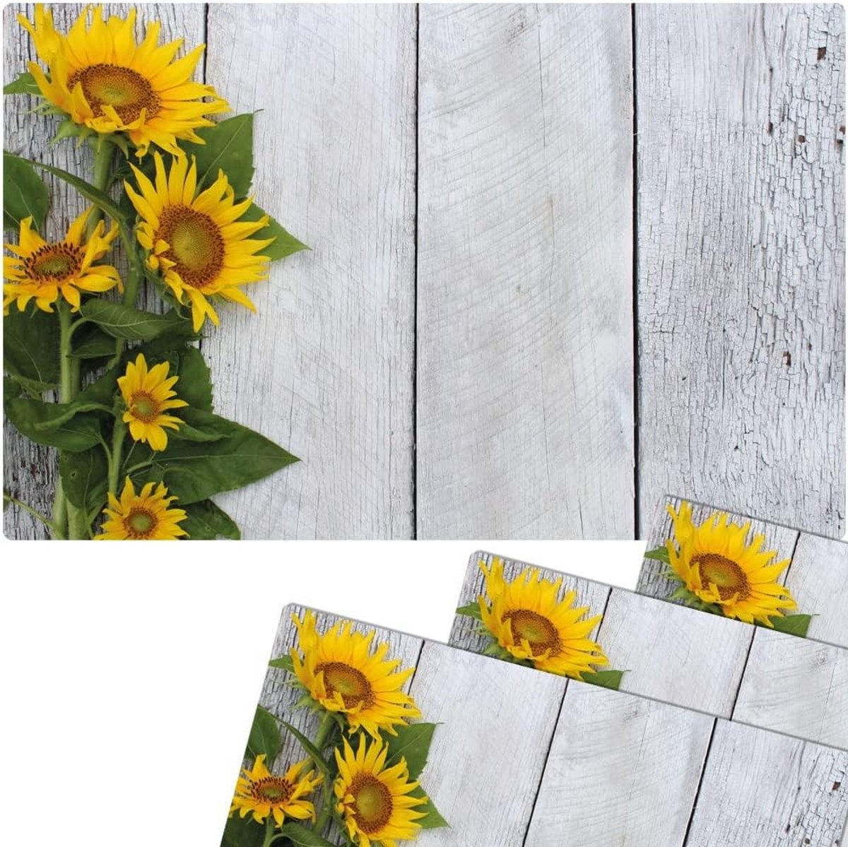Set van 4 Wasbare Placemats met Zonnebloemen op Houten Achtergrond - 43.5 x 28.5 cm