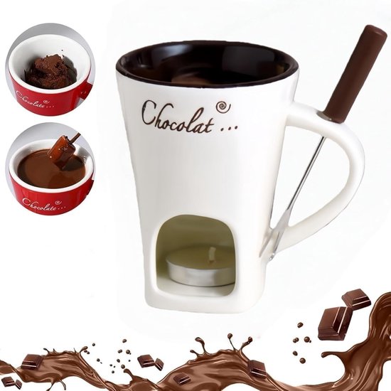 Witte chocolade smeltbeker met de tekst 'Chocolat...', een theelichtje eronder en een vorkje. Extra afbeeldingen tonen het smelten van chocolade en gesmolten chocolade.