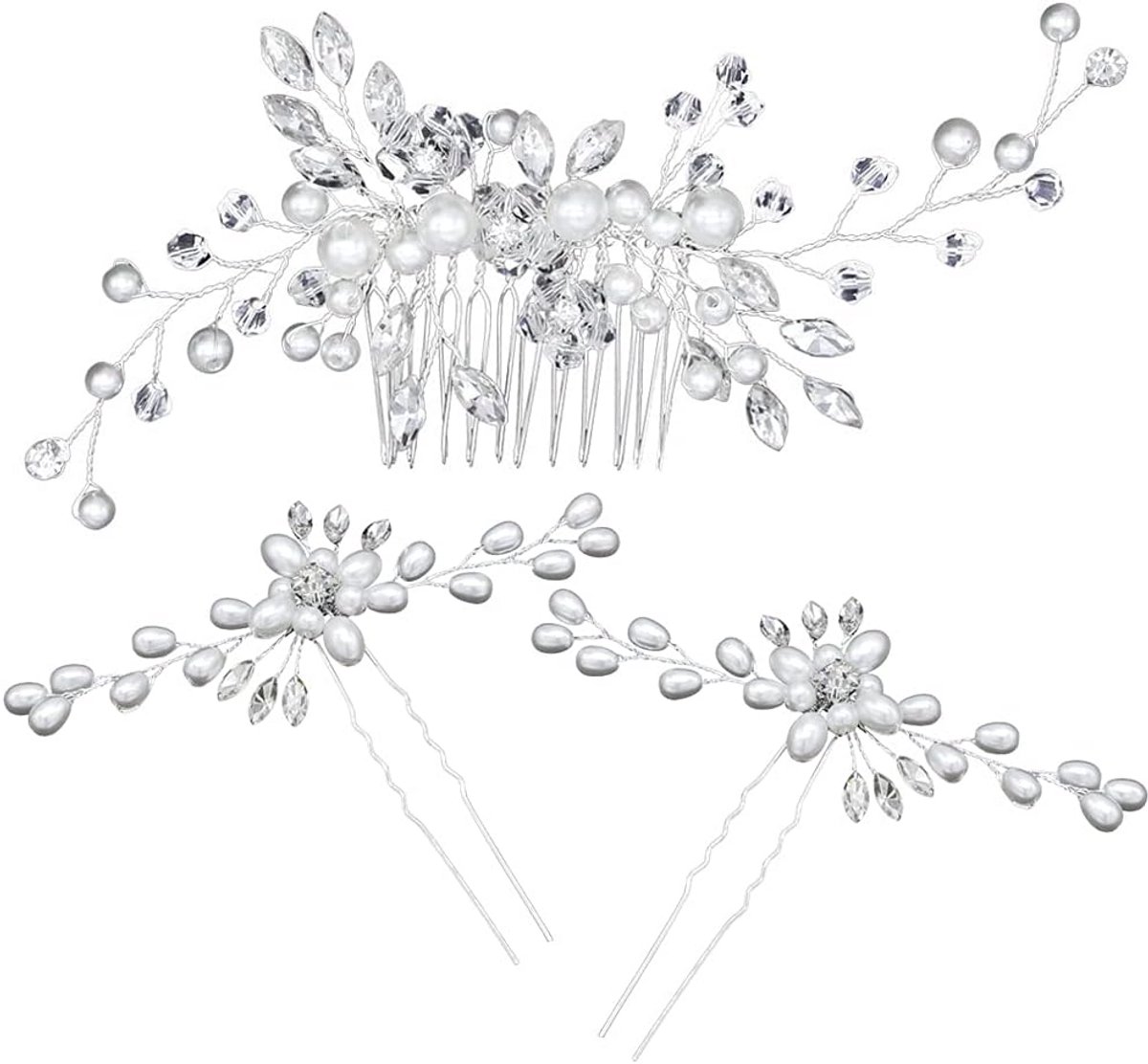 Set van 3 Zilveren Haaraccessoires met Bloem en Parel voor Bruiloft en Communie