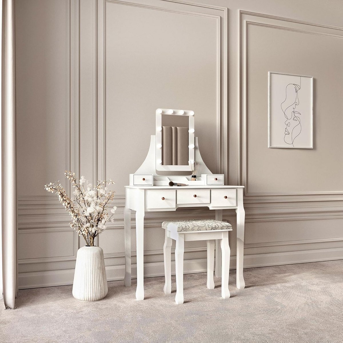 Luxe Kaptafel met Hollywood LED Spiegel, Kruk en 5 Lades voor Make-up en Sieraden