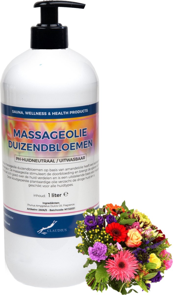 Goedkoopste Massageolie Duizendbloemen 1 liter met gratis pomp - 100 natuurlijk - biologisch en koud geperst