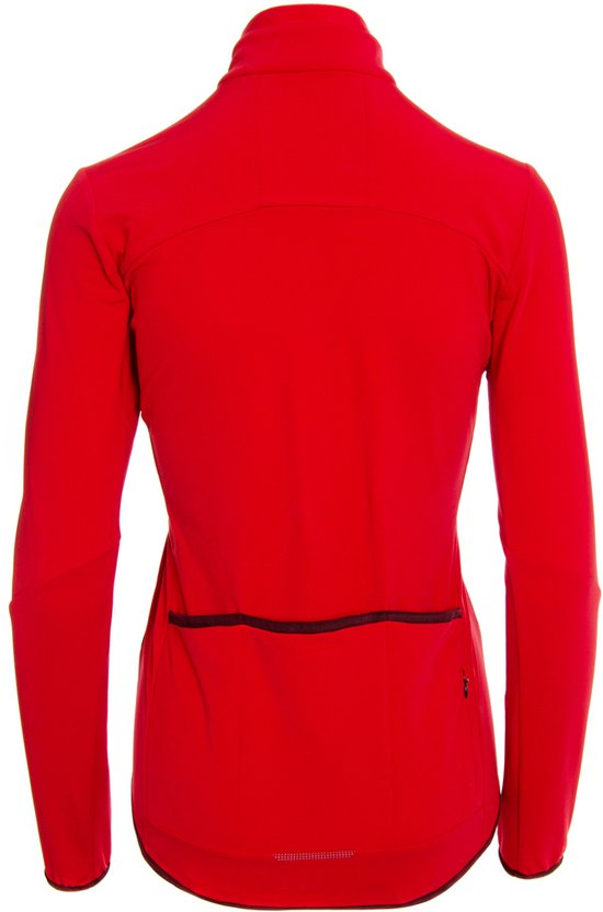 Achterkant van rood dames fietsshirt met drie zakken en zwarte details.