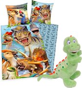 Herding- dekbedovertrek Dinosaur Selfies- 140x200- double-coton- sided- zipper- Dinos, incl. Drôle en peluche vert Dino 25 cm