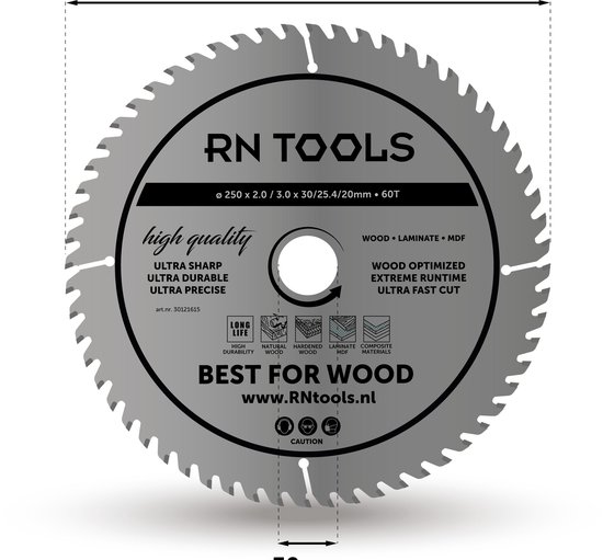 Rntools Cirkelzaagblad - Best for Wood - ⌀ 250mm - 60 tanden - zaagbreedte 3,0mm - dikte blad 2,0mm - hout - hardhout - Laminaat - MDF - mulitplex - DeWalt - Milwaukee - Festool - Metabo - Scheppach - Einhell