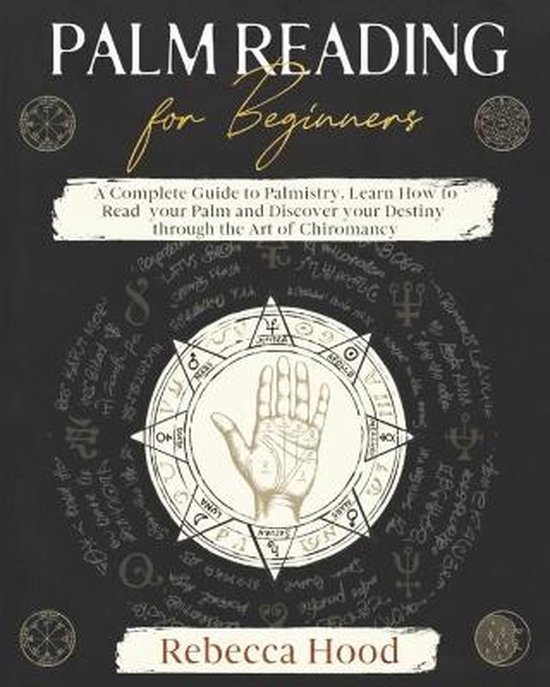 Boek "Palm Reading for Beginners" met een afbeelding van een hand in het midden, omringd door symbolen en tekst.
