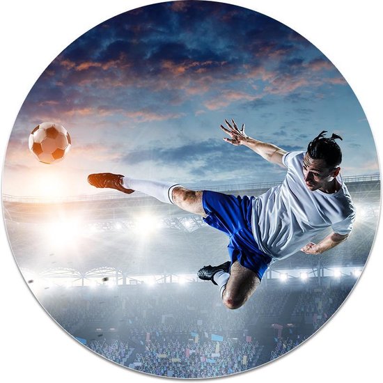 Muurcirkel Flying Kick - FootballDesign | Dibond kunststof 50 cm | Unieke voetbal wanddecoratie