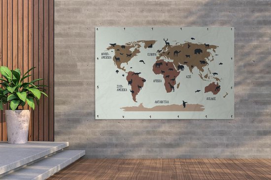 Carte du monde simple avec des animaux aux couleurs flexa Poster de jardin 180x120 cm XXL / Groot format!
