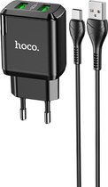 HOCO N6 Charmer - 2-Poort Oplader QC3.0 - EU Plug - Snellader + USB naar USB-C Kabel - Voor Android Smartphones - Zwart