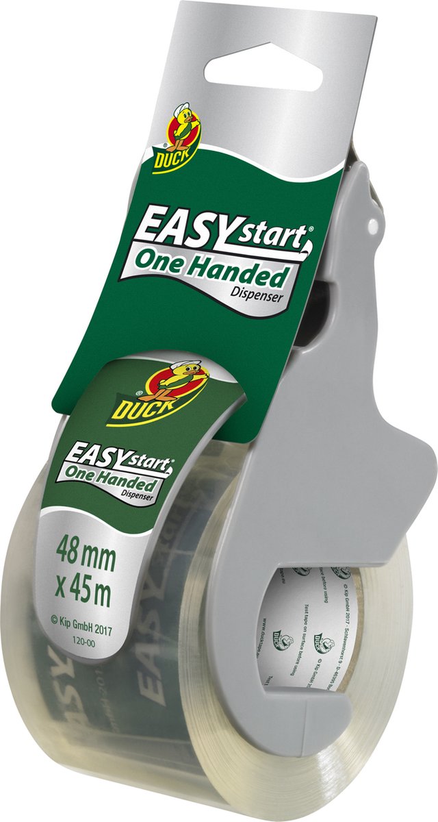 Duck Easy Start Verpakkingstape - Transparant PP-tape - 48 mm x 45 m - Afrollen met één hand - Voor het afsluiten van zware dozen - Voor binnen & buiten - Inclusief dispenser