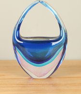 Glazen mandje/tasje blauw/roze, 20 cm, Glassculptuur, Glasobject, Glaskunst