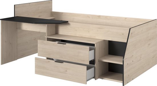 Lit banquette Milky avec bureau et tiroirs - noir/chêne - Parisot - Black Friday - Brun|Noir - Panneaux de particules - Black Friday