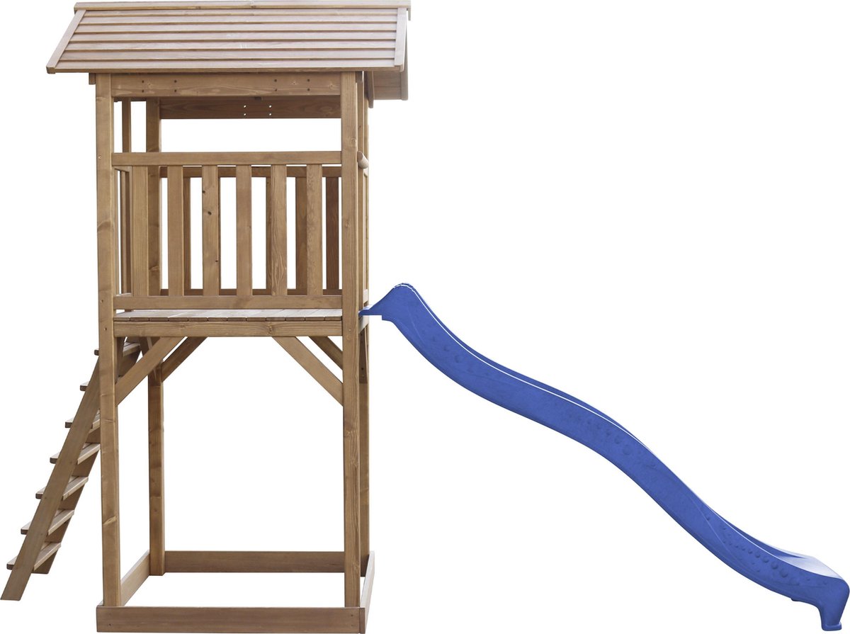 AXI Beach Tower Speeltoestel in Bruin - Speeltoren met Zandbak en Blauwe Glijbaan - FSC hout - Speelhuis op palen voor de tuin — afbeelding 2