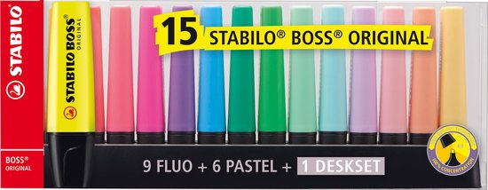 Verbieden dutje premier STABILO BOSS ORIGINAL – Markeerstift – 15 Stuks Deskset - 9 Standaard + 6  Pastel Kleuren | bol.com