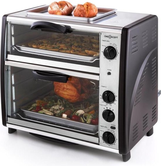 oneConcept all you can eat double oven   electric oven, two separate baking chambers, 42 liters total volume, grill plate, 2400 W, adjustable temperature: 60 240 °C, stainless steel, silver