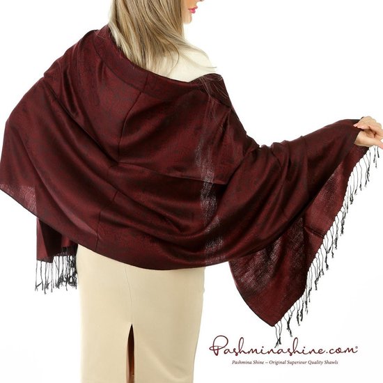 Écharpe Paisley Rouge Bordeaux | Cachemire-Soie-Foulard Femme-Homme- Design Zwart -Wrap-Pashmina-Etole