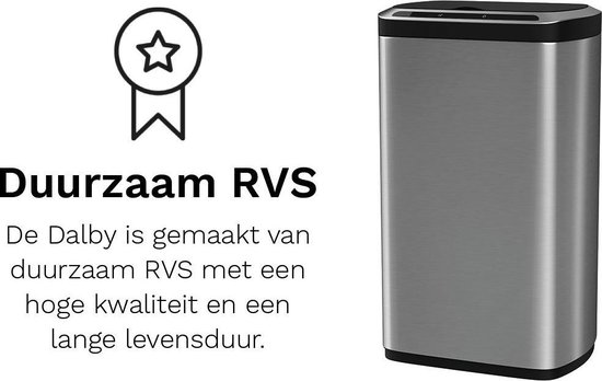 Prullenbak met Sensor – 50L – RVS – Hygiënisch – Vingerafdrukvrij - Elektrische Afvalemmer Stangvollby Dalby – Duurzaam ABS Kunststof - Automatische Soft Close Deksel met Infrarood Sensor – Kick Functie - 50 liter – Vuilnisbak