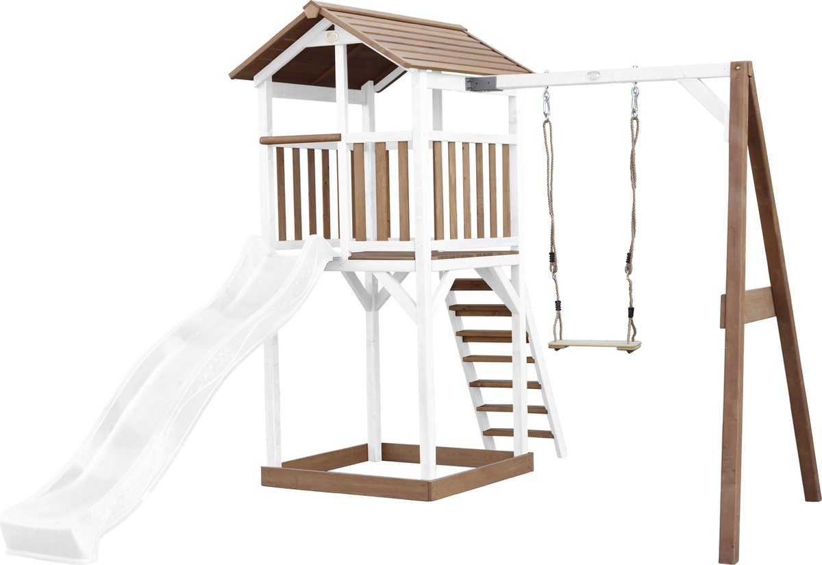 AXI Beach Tower Speeltoestel in Bruin/Wit - Speeltoren met Enkele Schommel Witte Glijbaan en Zandbak - FSC hout - Speelhuis op palen voor de tuin