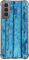 Shockproof Case Samsung Galaxy S21 Telefoonhoesje  met doorzichtige rand Wood Blue