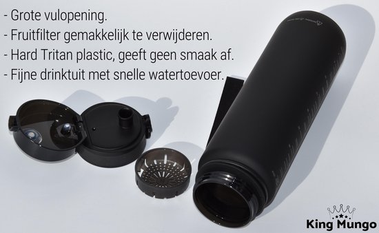 Matzwarte King Mungo drinkfles en onderdelen: deksel, fruitfilter. Tekst "Grote vulopening. Fruitfilter" etc.