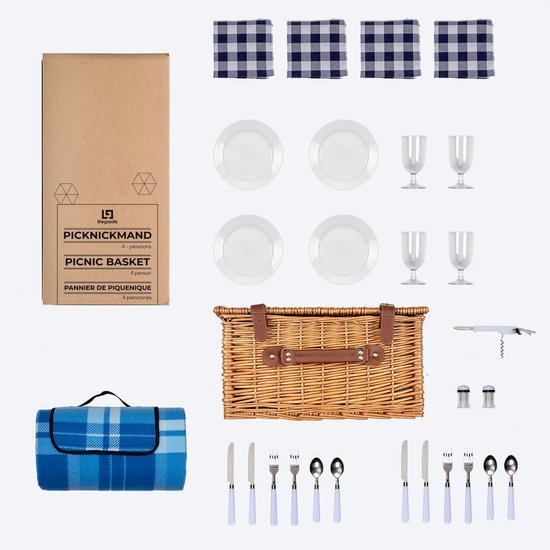 Panier de pique-nique LifeGoods 29 pièces - Set pour 4 personnes - Services de table complète - Incl. Couverture de pique-nique matelassée imperméable - Panier en osier / Cuir PU