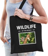 Dieren Giraf foto tas katoen volw + kind zwart - wildlife of the world - kado boodschappentas/ gymtas / sporttas - Giraffen