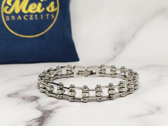 Mei's |  Chained Biker Chain armband | armband dames / sieraad dames / biker armband | Stainless Steel / 316L Roestvrij Staal / Chirugisch Staal / Zirkonia | zilver / polsmaat 15 cm