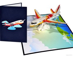 Popcards popupkaarten – Vliegtuig Straalvliegtuig Piloot Steward Stewardess Vakantie Vliegvakantie Vliegreis Boeing Airbus Iberia KLM Transavia pop-up kaart 3D wenskaart