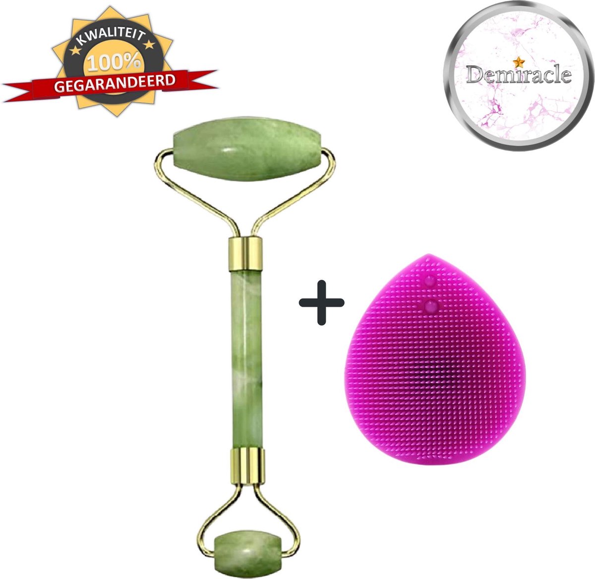 Demiracle Jade Face Roller met Paarse Siliconen Gezichtsborstel - Cadeau - Gezichtsroller - Massage Roller - Jade Roller - Rimpelverwijdering - Ontspanning - Kwaliteit