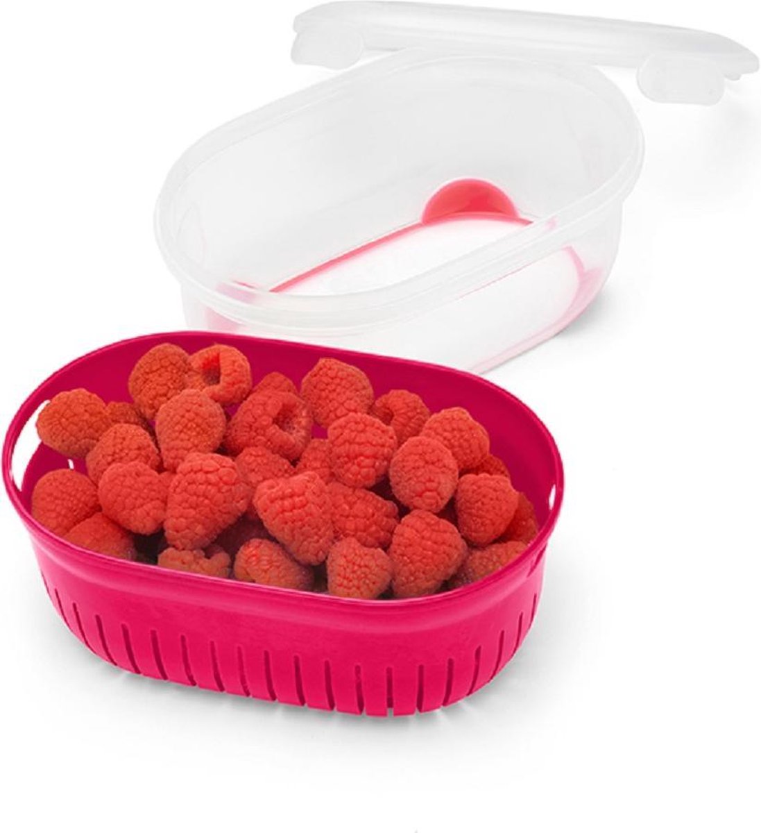 3 in 1 vershoudbakje 1,4 liter - Fruitvergiet – wasmandje voor fruit & groenten – kunststof uitlekmandje – bessenvergiet – roze