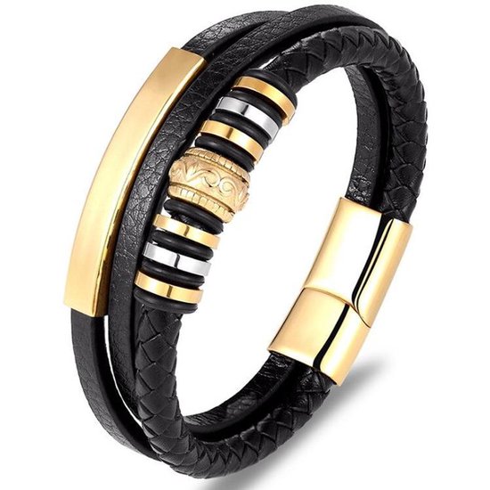 Rond Gevlochten Leren Armband met Blanco Accenten - Zwart met Goud kleurig  - Armband... | bol.com