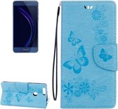 Voor Huawei Honor 8 Vlinders Embossing Horizontale Flip Leren Case met Houder & Kaartsleuven & Portemonnee & Lanyard (Blauw)