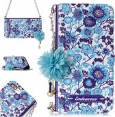 Voor iPhone 7 Plus & 8 Plus Blauw en Wit Porselein Patroon Horizontale Flip Leren Case met Houder & Kaartsleuven & Parel Bloem Ornament & Ketting