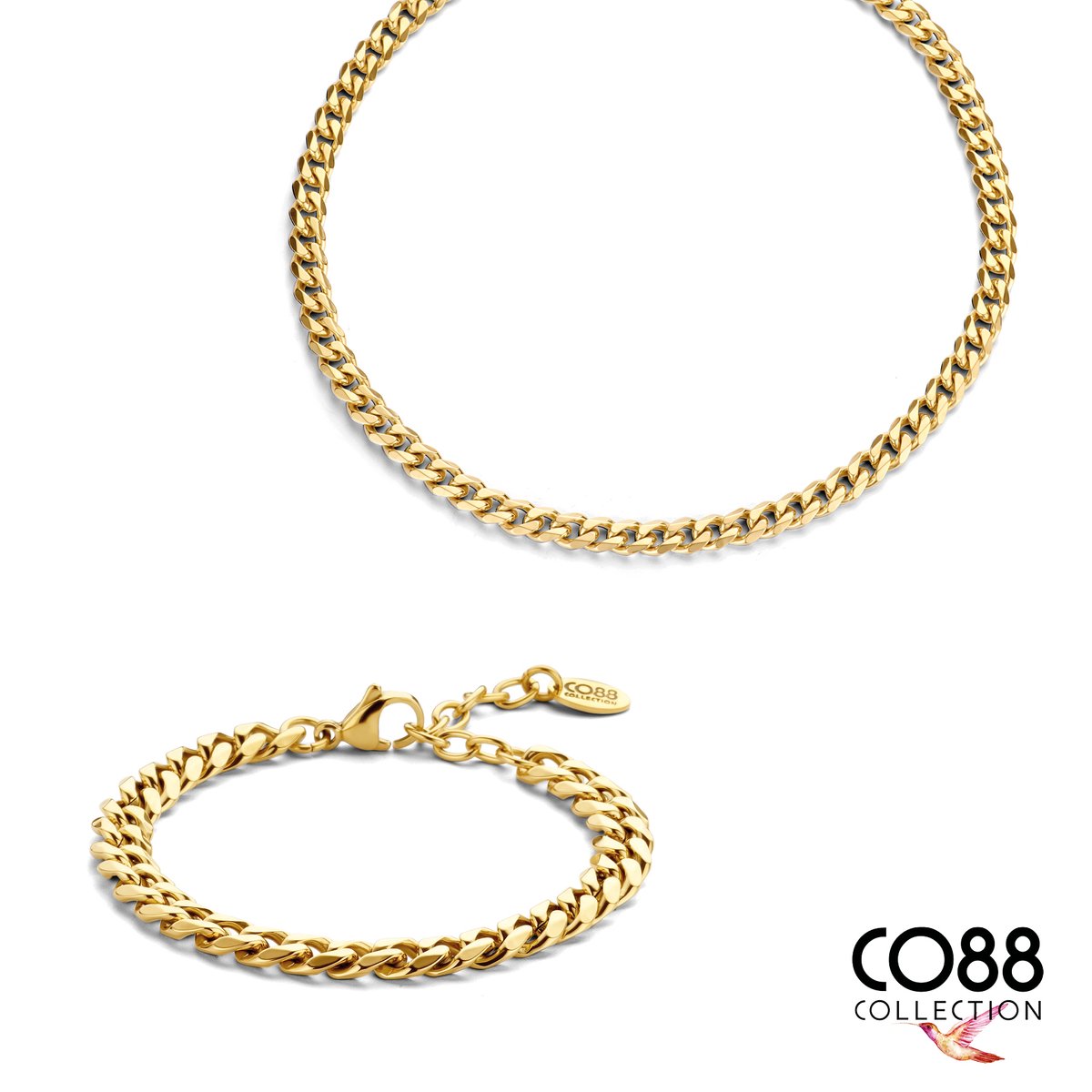 CO88 Collections 8CO-SET096 - Stalen Sieradenset - Ketting met Armband - Gourmet - 7 mm Breed - 40+7 cm Ketting - 19 cm Armband - Goudkleurig
