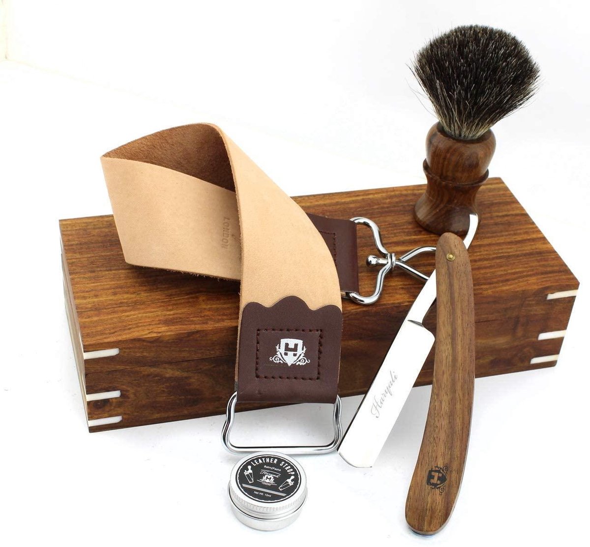 Vintage salon Schitterende houten kist Scheerset - recht gesneden houten scheermeshout zwart Originele scheerkwast, natuurlijk lichtbruin 5-delige luxe set (scheerhoutset)