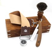 Salon de coiffure Vintage superbe boîte en bois coupe droite en bois rasoir en bois noir blaireau de rasage original, brun clair naturel ensemble de luxe 5 pièces