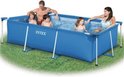 Blauw rechthoekig Intex zwembad met witte steunpilaren. Drie kinderen en twee volwassenen genieten van het zwemmen.