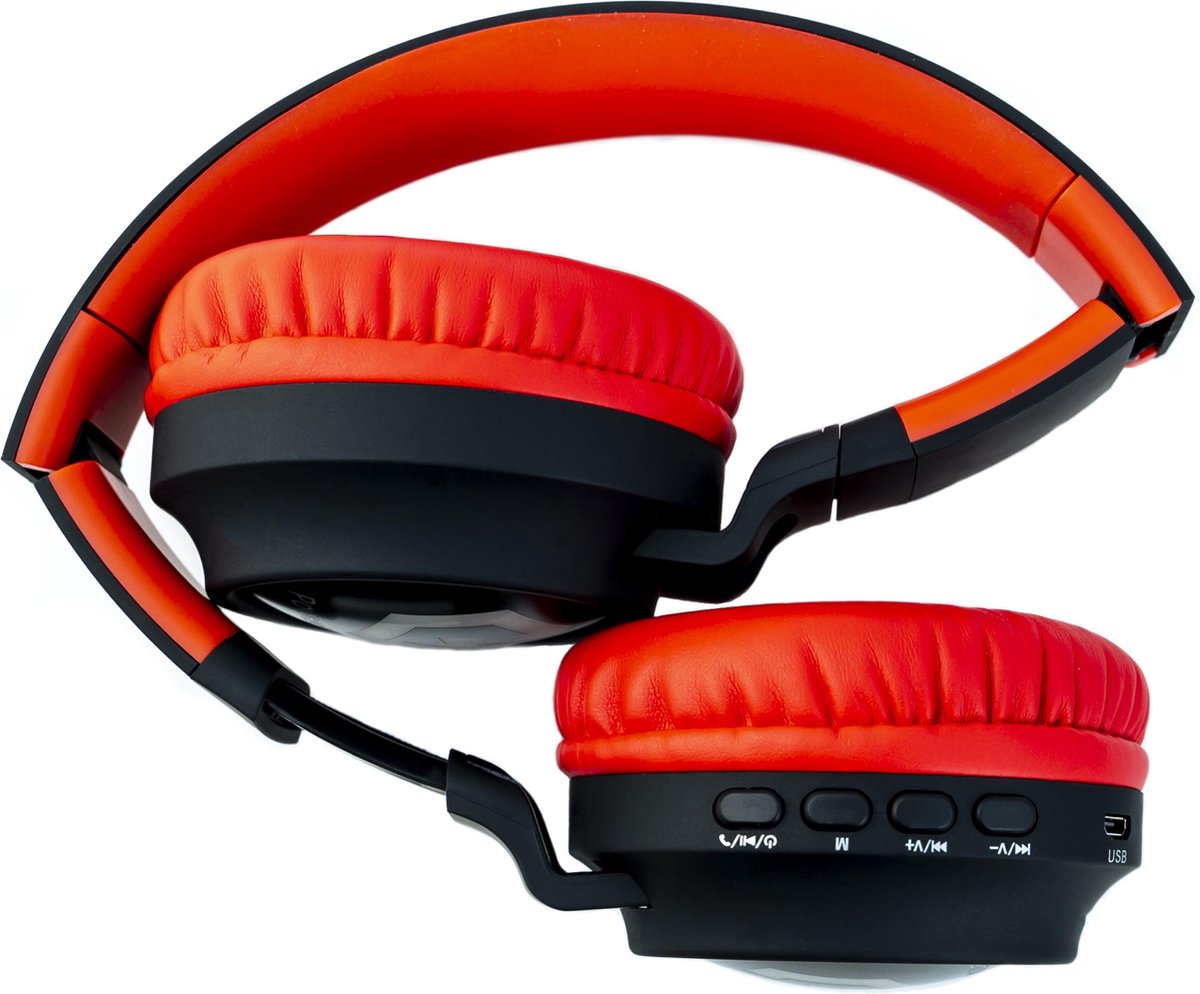 PowerLocus Buddy Draadloze On-Ear Koptelefoon voor Kinderen, LED lampjes, 85db Limiet, met Microfoon, Micro SD poort - Zwart/Rood – foto 4